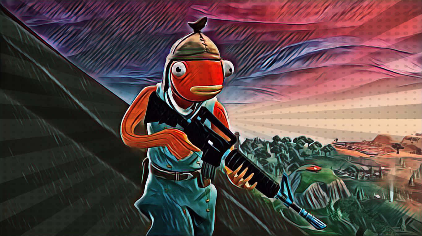 在色彩繽紛的天空下，一條橙色魚士兵在風格化的景觀中手持步槍。