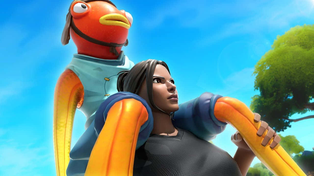 Fortnite角色與紅色小鳥同伴在戶外藍天下