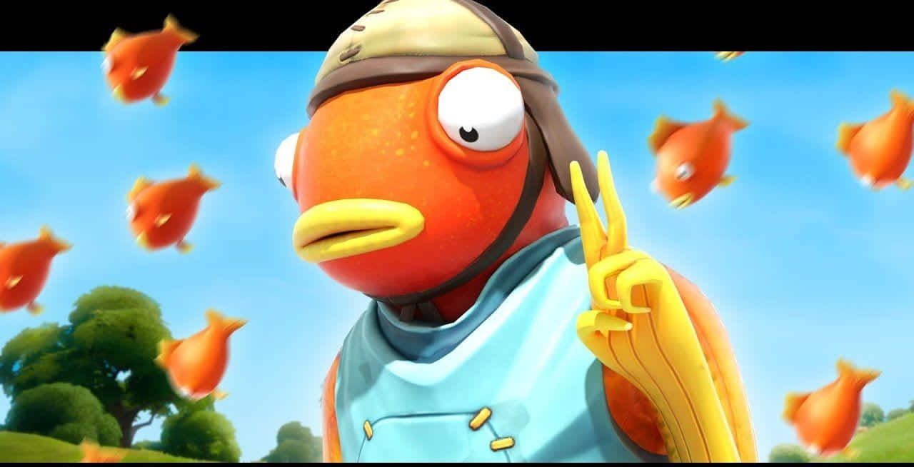 卡通魚飛行員在明亮的天空中與漂浮的魚做出和平手勢。