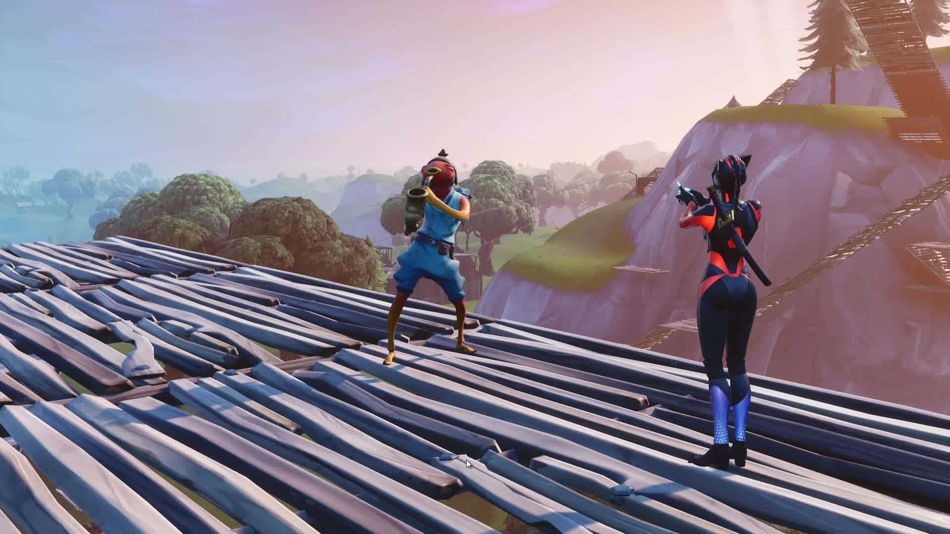 日落時分木橋上的兩個Fortnite角色