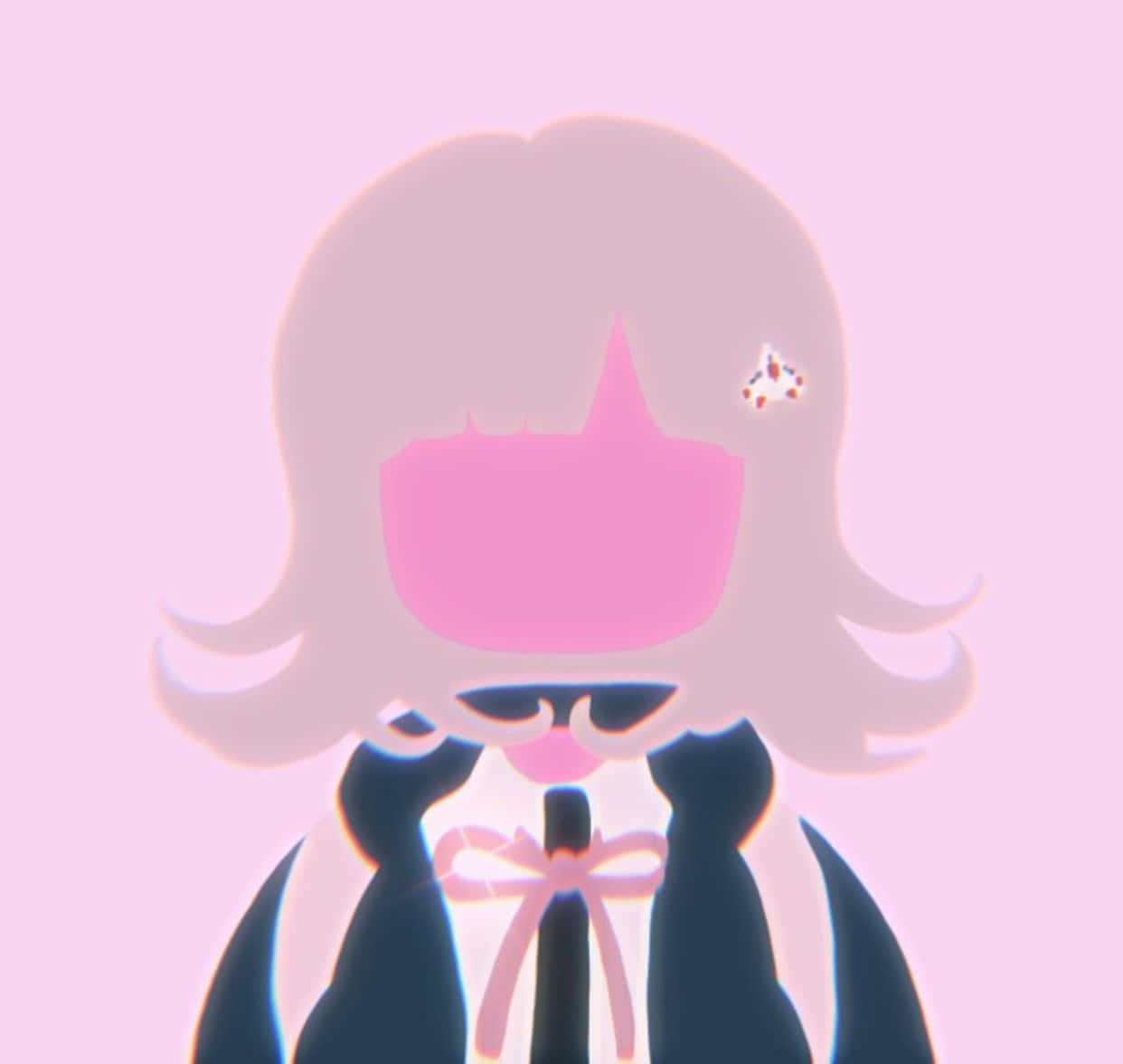 TikTok 女孩頭像 壁紙 — 一個風格化的動漫女孩，粉紅色頭髮和蝴蝶結，站在柔和的粉紅色背景前，帶有發光的光環。