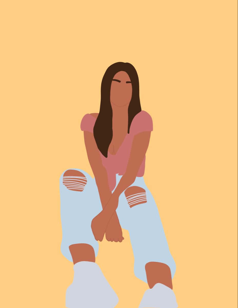 可愛藝術TikTok頭像 壁紙 — 一個風格化的插圖，描繪一位長黑髮的女性盤腿坐在純暖黃色背景前。