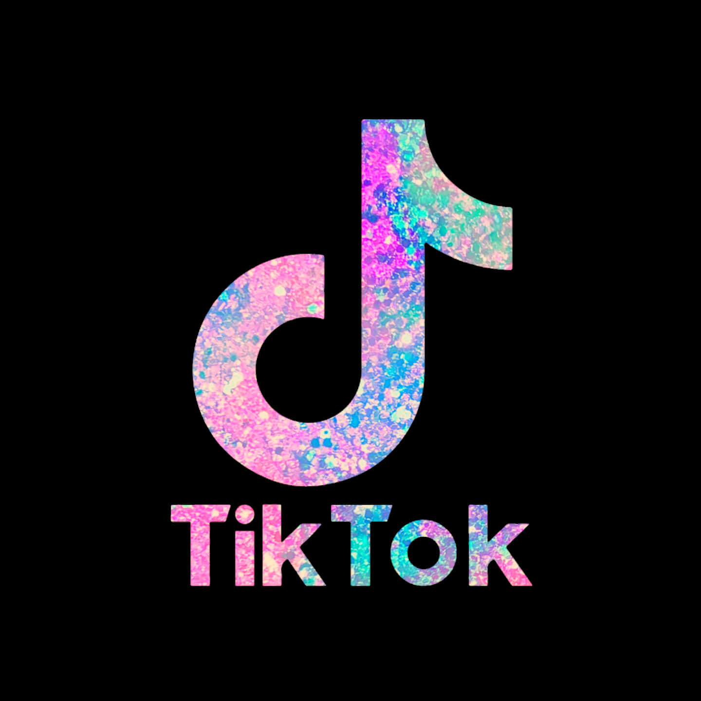 粉藍閃粉裝飾的TikTok標誌 壁紙 — TikTok 標誌，黑色背景上帶有閃閃發光的粉紅色和藍色閃光。