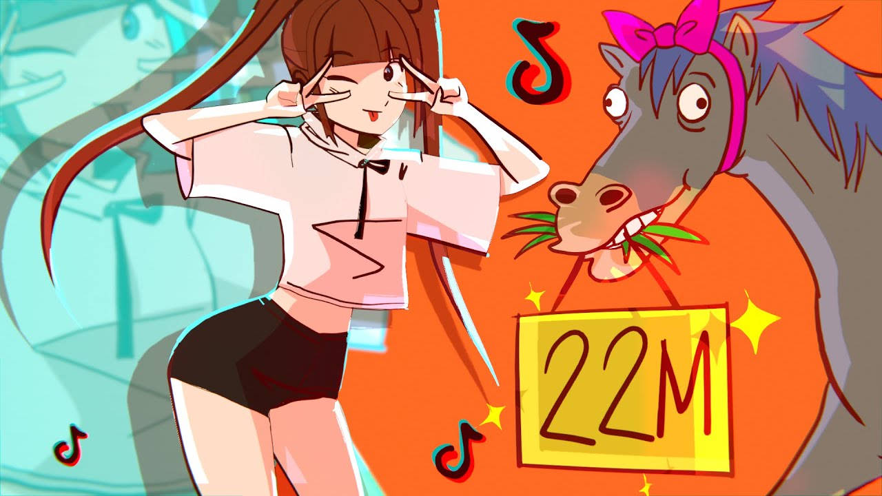 動漫女孩與馬TikTok頭像 壁紙 — 一個開心的動漫女孩和一隻戴著粉紅色蝴蝶結的卡通馬，在充滿TikTok標誌和「22M」標牌的鮮豔橙色背景前頑皮地擺姿勢。