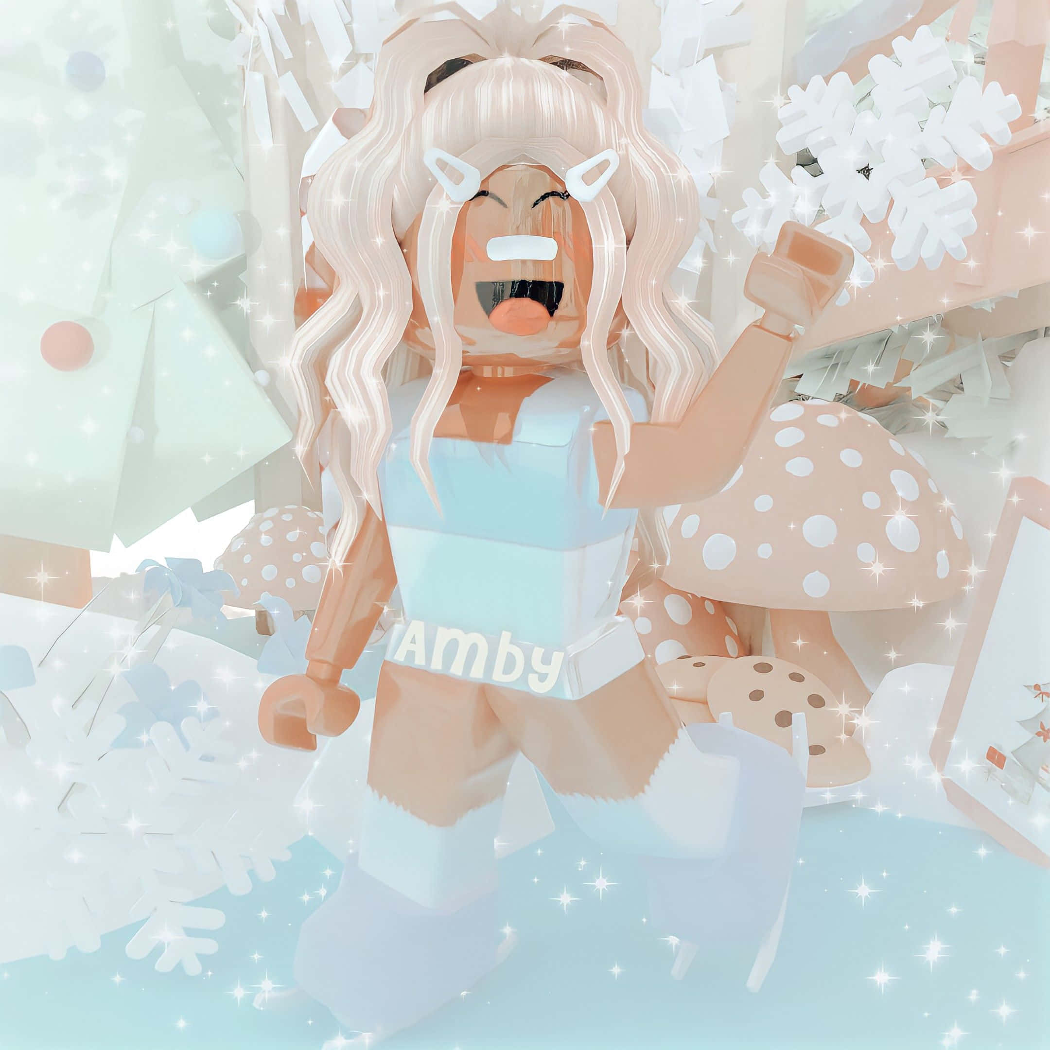 TikTok 用的可愛 Roblox 女孩頭像 壁紙 — 一個快樂的Roblox角色，擁有金色長髮和貓耳，在閃閃發光的冬季仙境中，有巨型蘑菇和雪花，正在大笑。