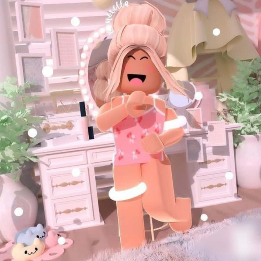 一個微笑的Roblox頭像，穿著粉紅色服裝，在粉紅色化妝間裡擺姿勢。