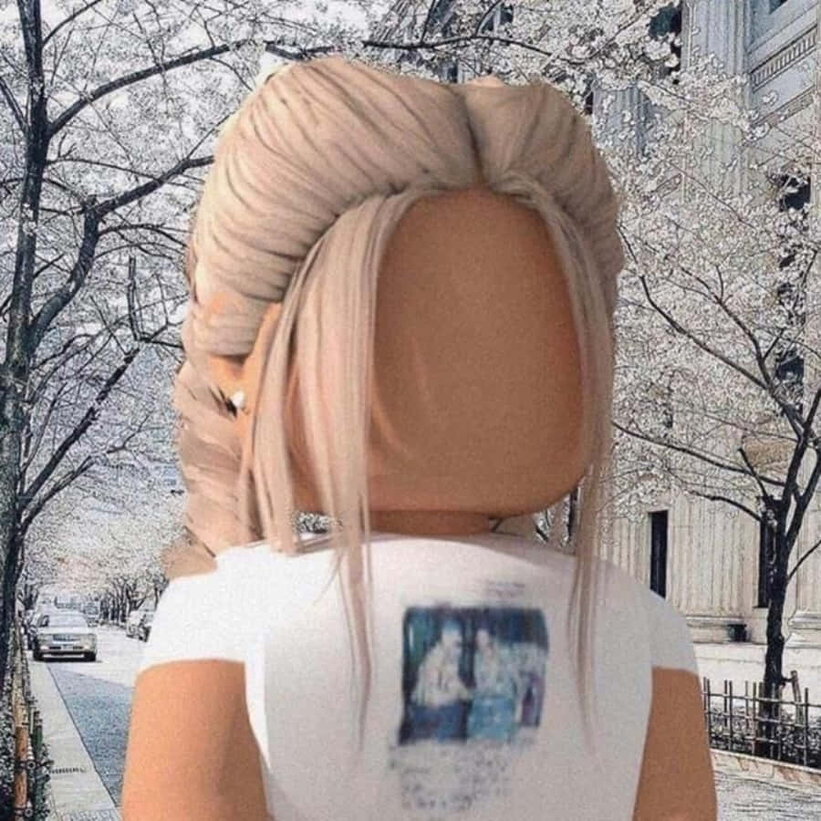 金髮Roblox角色走在櫻花街道上。