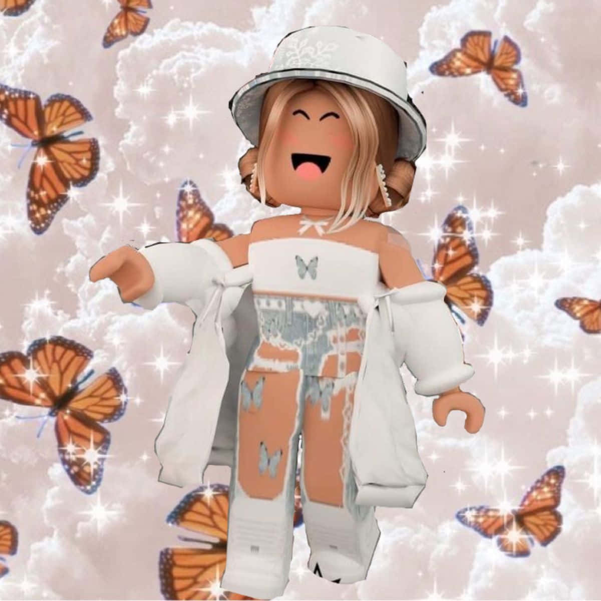 Roblox頭像在閃爍的天空中與蝴蝶一起