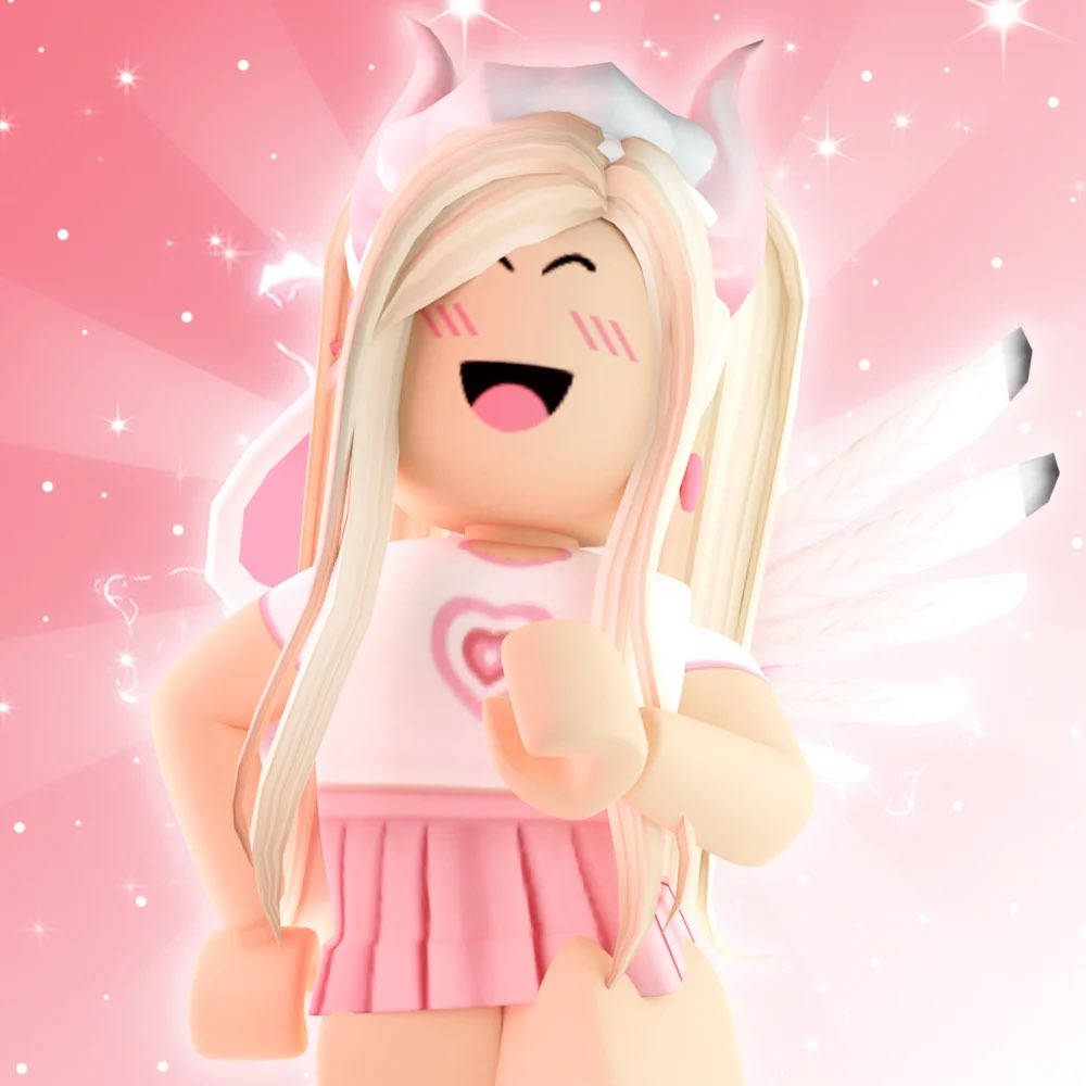 一位微笑的Roblox仙子，有翅膀和粉紅服裝，在閃爍的粉紅背景前。