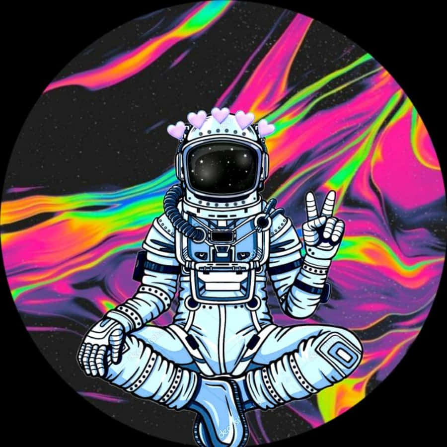 一個卡通太空人在太空中冥想，伴隨著彩虹漩渦和心形雲朵。 — 太空人 壁紙