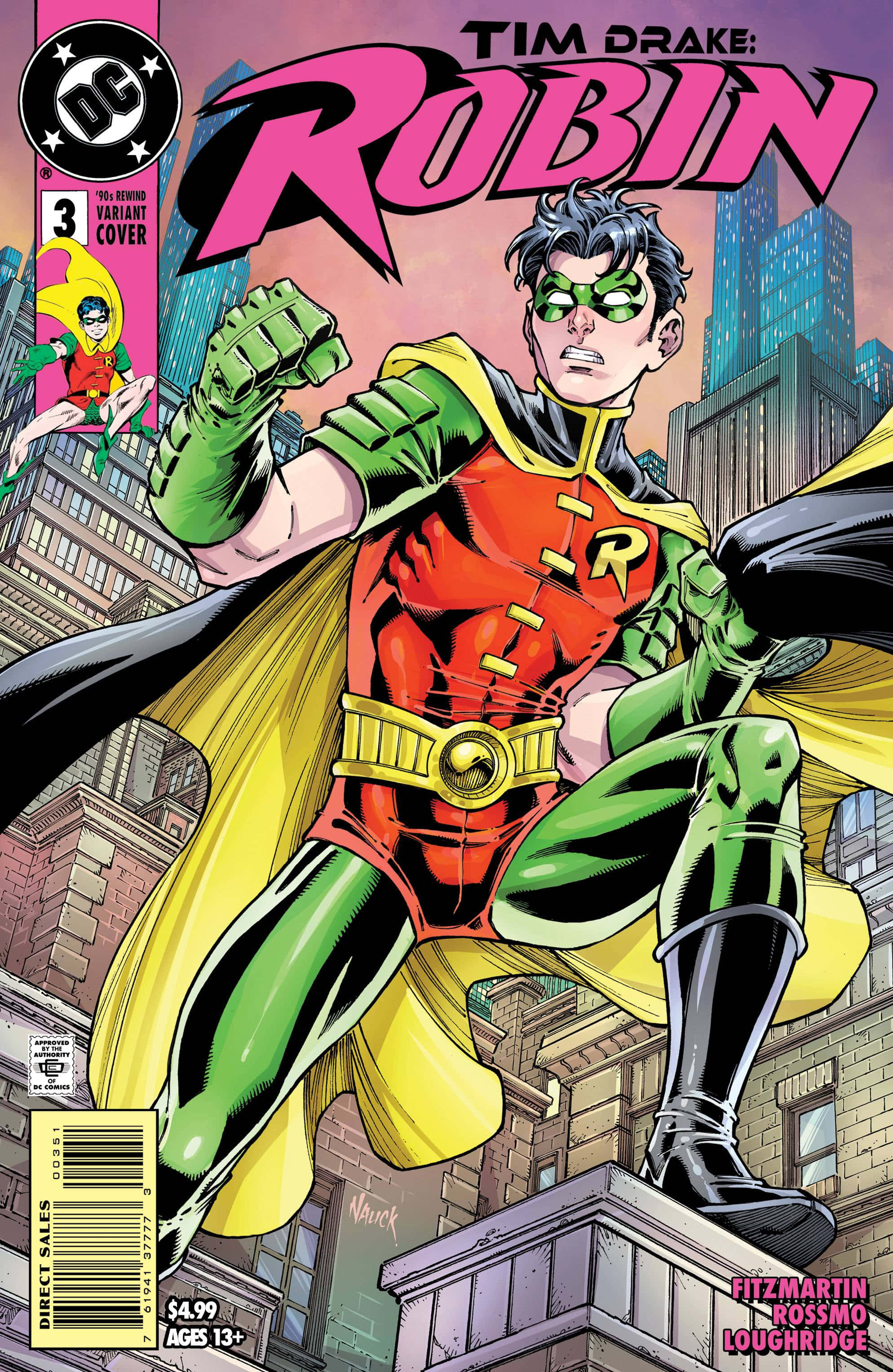 Tim Drake 桌布 壁紙 — Tim Drake Robin 身穿綠色和紅色服裝，在暮色天際線的映襯下，動態地跳躍在城市屋頂上。