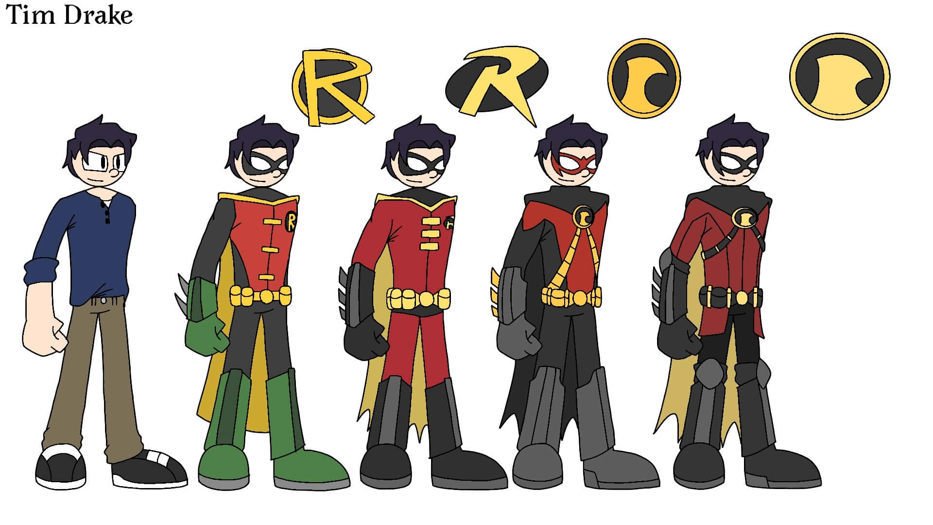Tim Drake 桌布 壁紙 — Tim Drake 以五款不同的羅賓服裝及相應的標誌變體整齊排列展示。