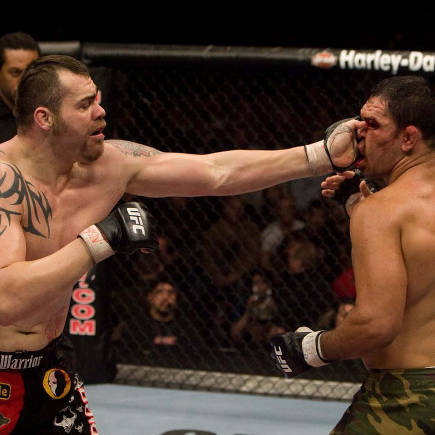 Tim Sylvia 對戰 Frank Mir 的 UFC 比賽 壁紙 — 兩名MMA拳手在籠中交鋒，其中一人在UFC比賽中向對手面部打出強力一拳。