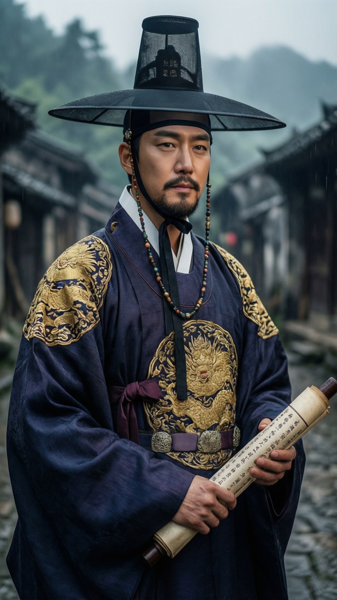身穿傳統韓國服飾的男子在煙霧瀰漫的石巷中手持卷軸