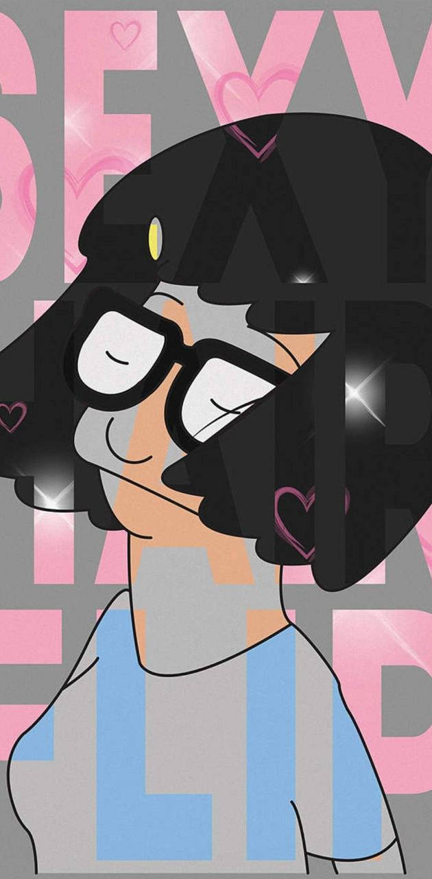 Tina Belcher 做夢 壁紙 — 一個風格化的卡通角色，黑髮戴眼鏡，在粉紅心形和文字背景前微笑。