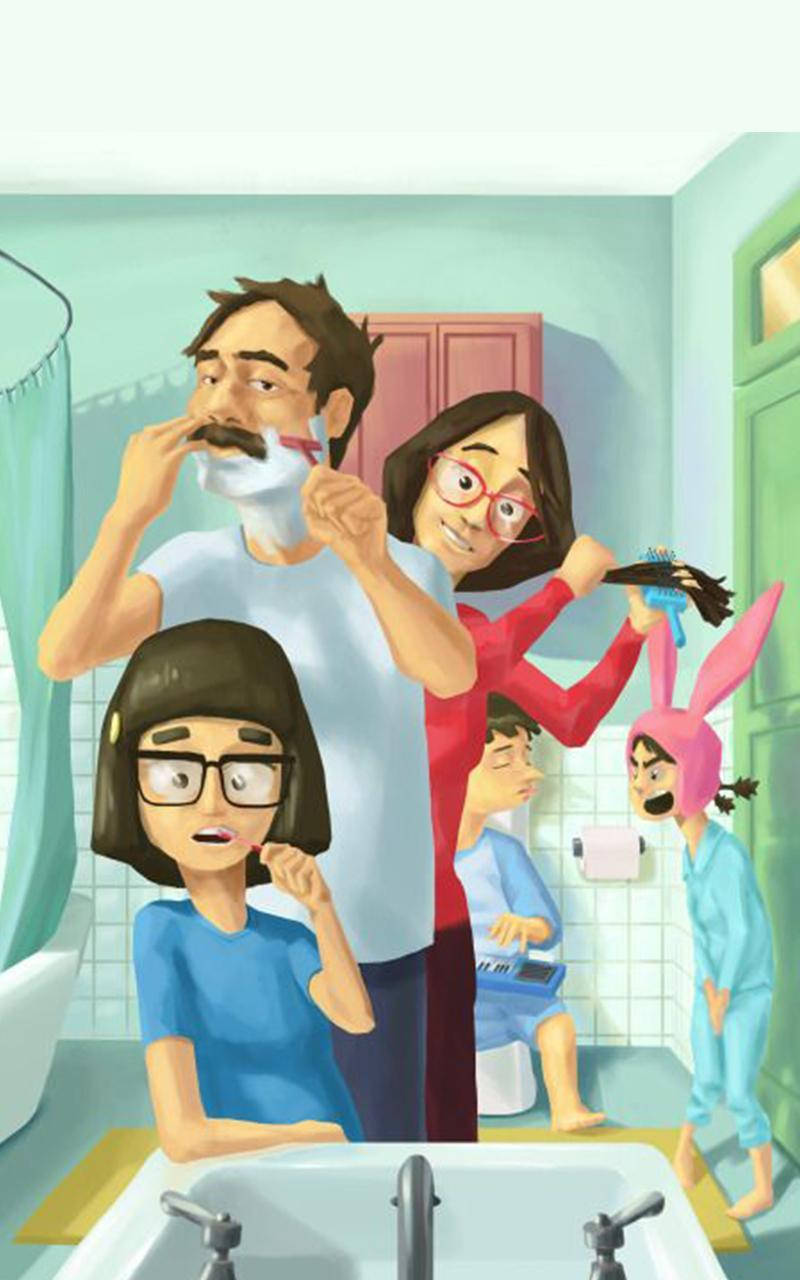Tina Belcher 動畫藝術 壁紙 — 一個卡通家庭在浴室裡，男人刮鬍子，女人梳頭髮，女孩刷牙，小孩穿著兔子睡衣。