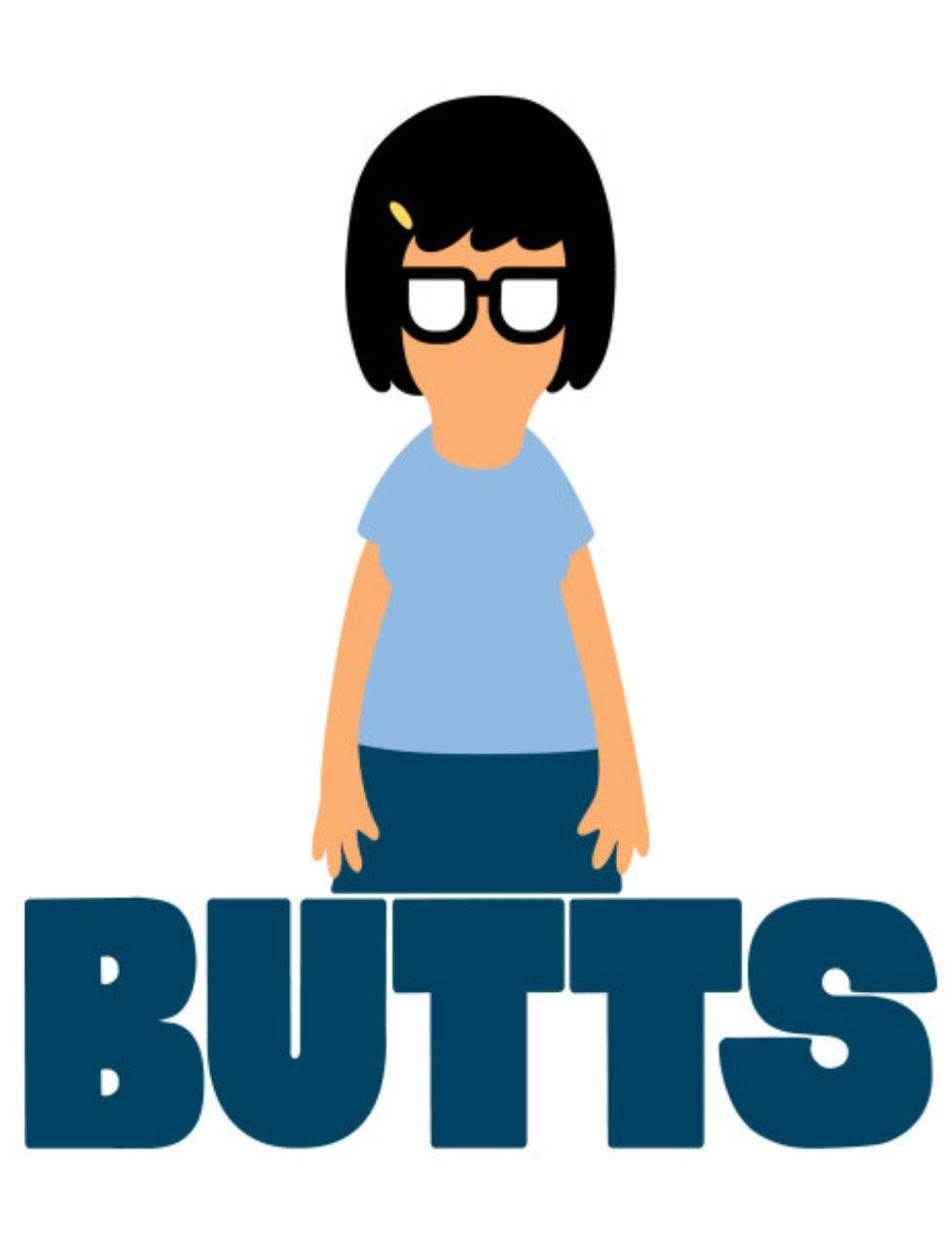 Tina Belcher 矢量藝術 壁紙 — 卡通角色留著黑色鮑伯頭、戴眼鏡，站在粗體藍色文字「BUTTS」上方。