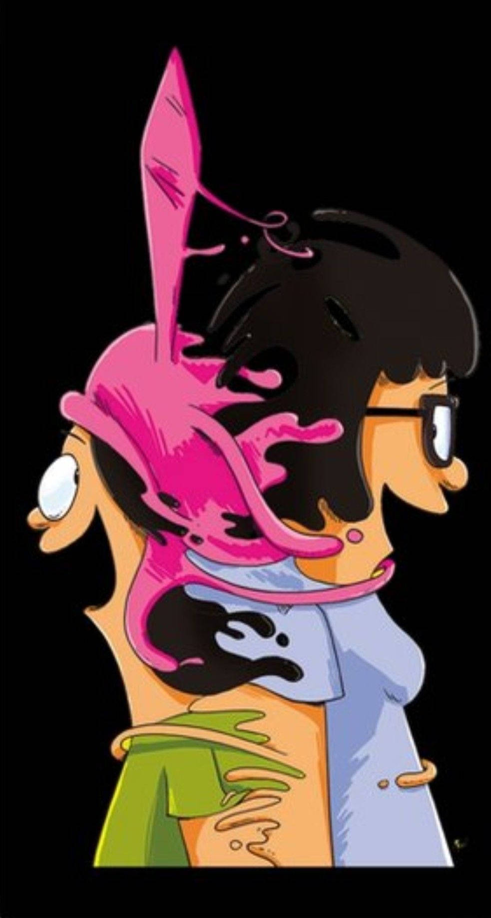 Tina Belcher 與妹妹Louise 壁紙 — 兩個卡通角色擁抱，鮮豔的粉紅色油漆戲劇性地濺在他們的臉上，背景為黑色。