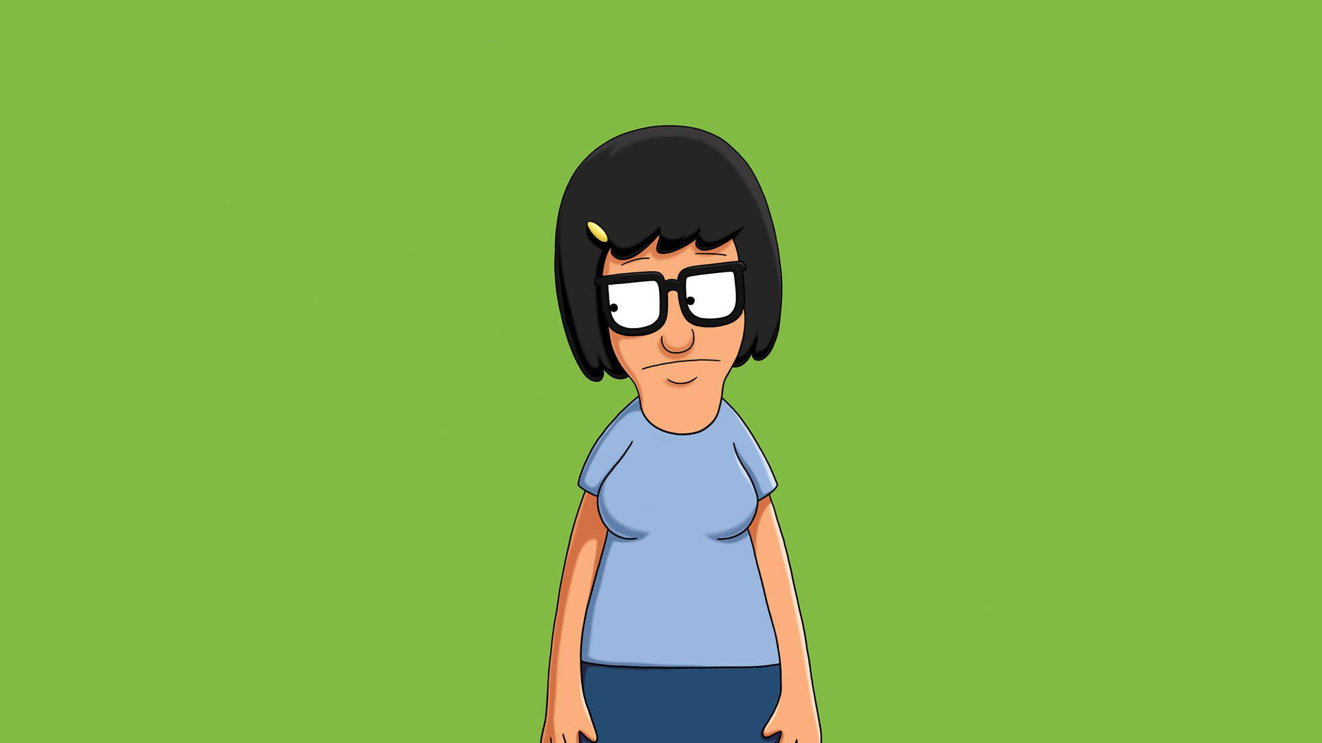 Tina Belcher 苹果綠畫布 壁紙 — 卡通角色 Bob's Burgers 媽媽，黑色鮑伯頭和眼鏡，站在純綠色背景前。