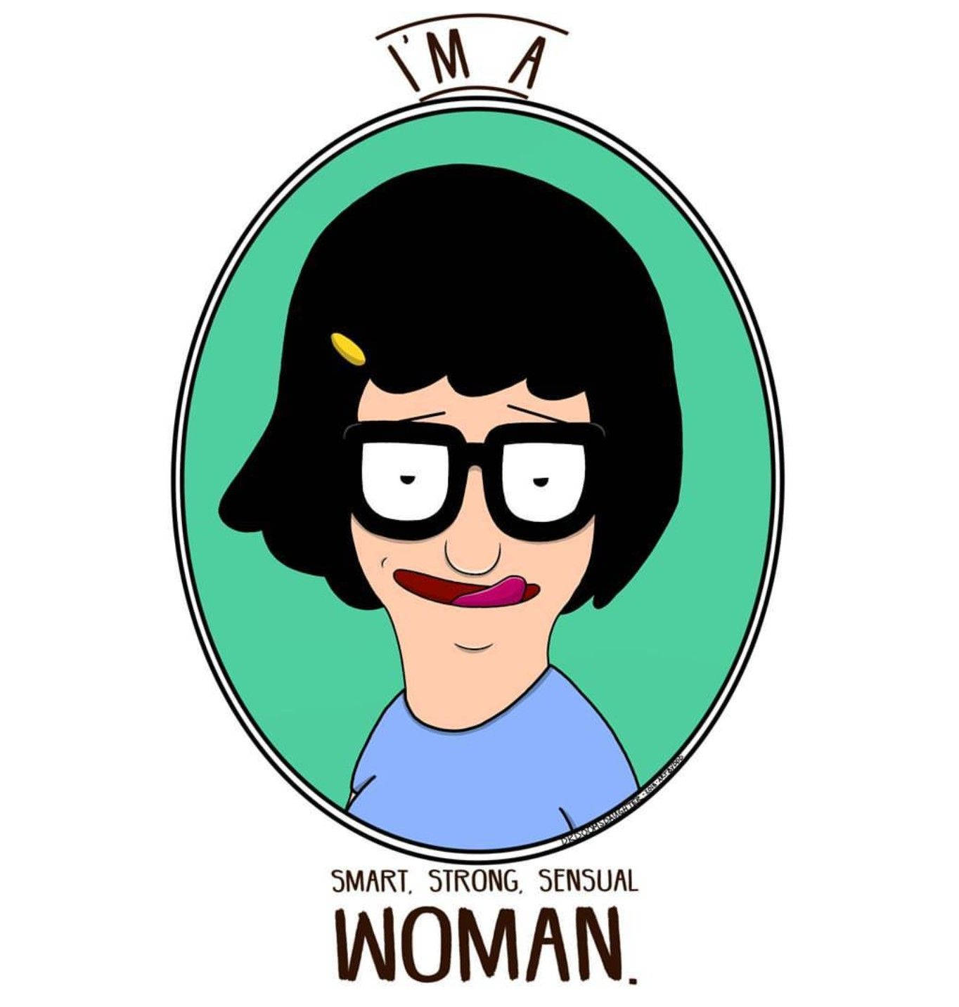 Tina Belcher 鏡面肖像 壁紙 — 卡通肖像，一位擁有黑色鮑伯頭和眼鏡的女性，在青綠色橢圓形框架中帶有文字。