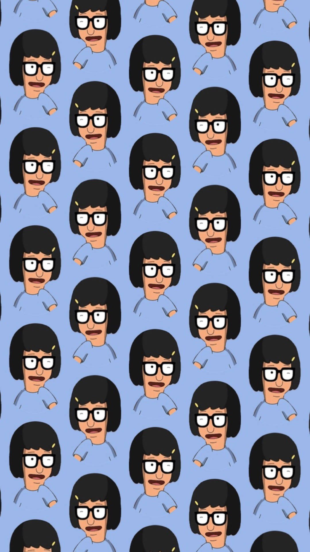 Tina Belcher 面部圖案藝術 壁紙 — 重複的波巴卡通面孔，黑色鮑伯頭和眼鏡，淺藍色背景。