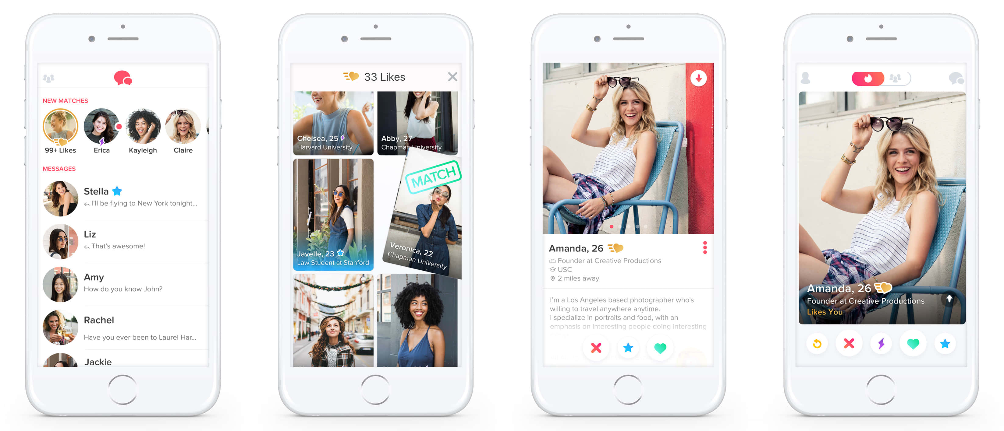 Tinder 多款手機圖片 壁紙 — 四部白色智能手機顯示一個約會應用程式介面，展示穿著休閒服裝、微笑女性的個人資料、配對和訊息。