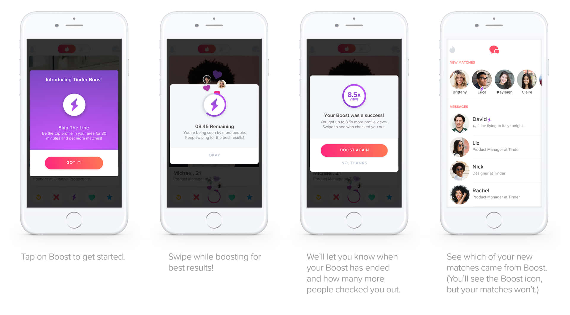 四個 iPhone 螢幕上的 Tinder Boost 功能教學，展示如何使用該服務。