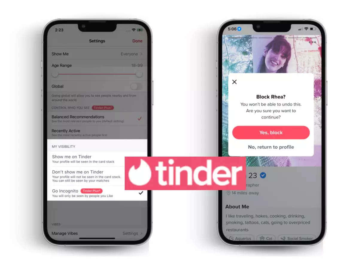 兩部手機顯示Tinder應用程式設定和封鎖確認彈出視窗。