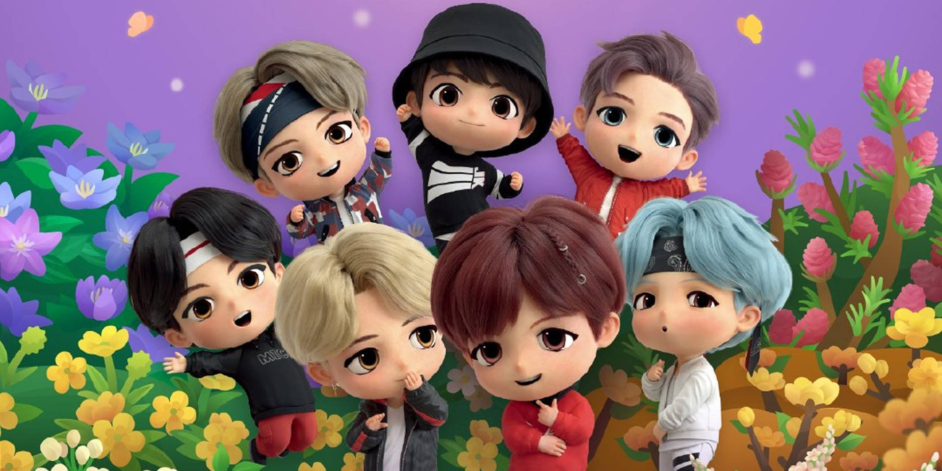 「Tiny Tan BTS：在生動植物景觀中的 Bangtan 小人偶」 壁紙 — 七個Q版風格嘅動畫男仔，有色彩繽紛嘅頭髮，喺柔和紫色天空下，開心企喺鮮豔嘅紫色、黃色同粉紅色花叢中。
