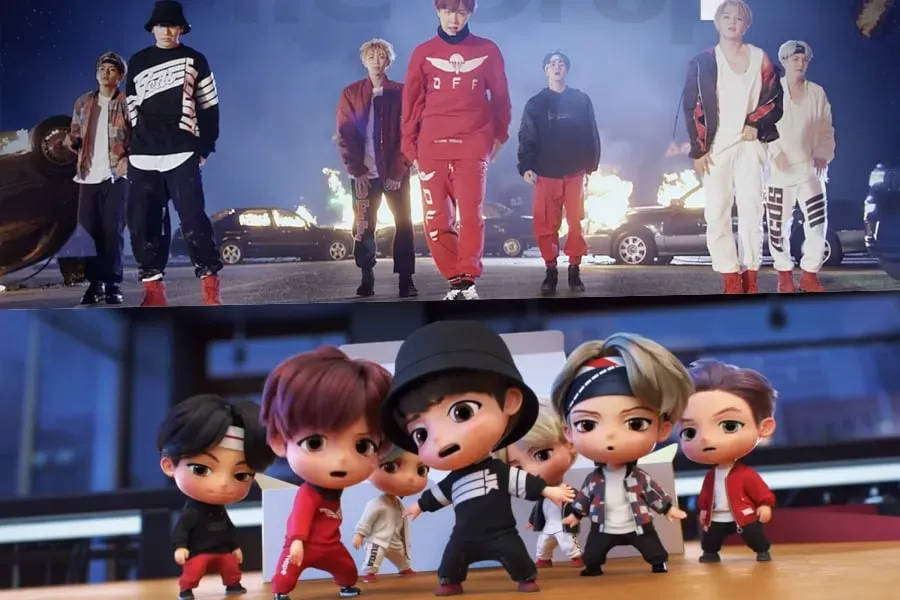Tiny Tan BTS 舞蹈團體 壁紙 — 七位穿著大膽街頭服的時尚男士自信地站在火熱的都市場景上，而他們的Q版動畫版本則在頑皮地擺姿勢。