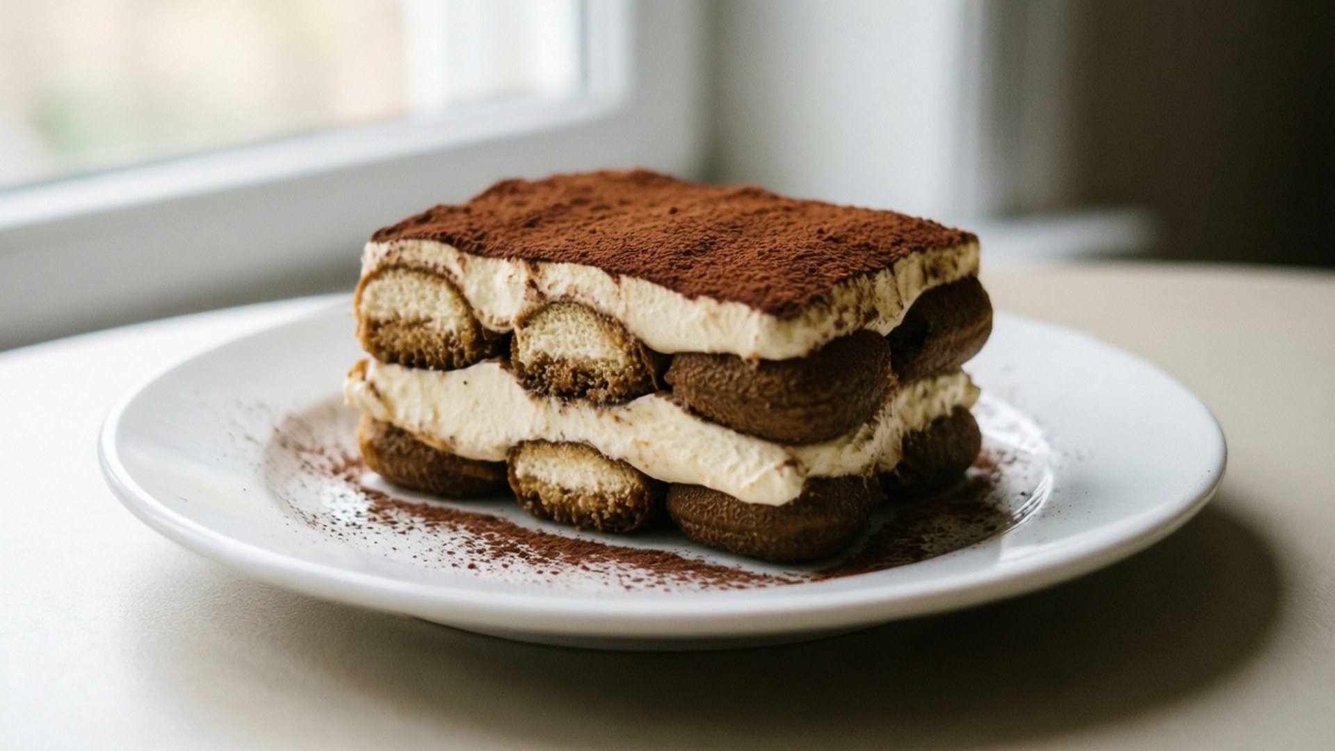 Tiramisu 桌布 壁紙 — 完美分層的提拉米蘇甜點撒上可可粉，放在白色盤子上，靠近明亮的窗戶，令人垂涎。