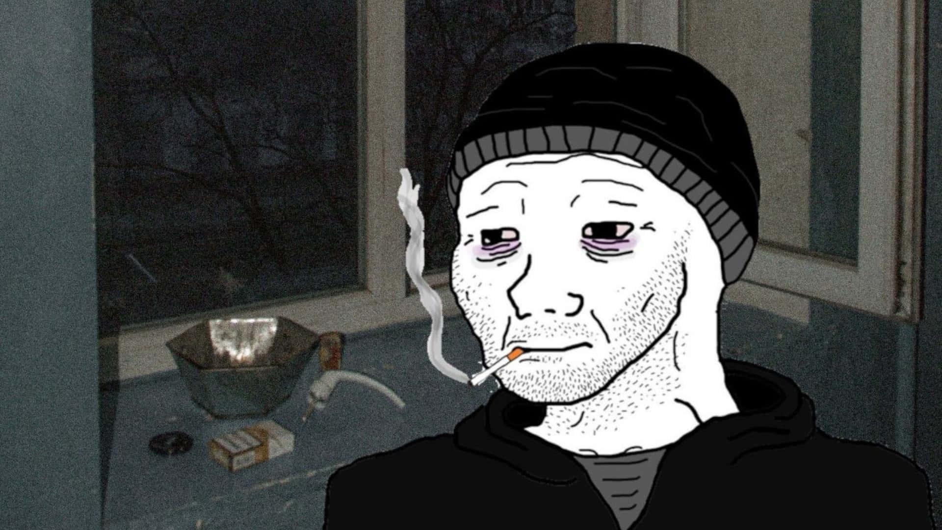  壁紙 — 一個戴冷帽嘅疲憊男人喺窗邊食煙，窗外有光禿禿嘅樹，光線昏暗。