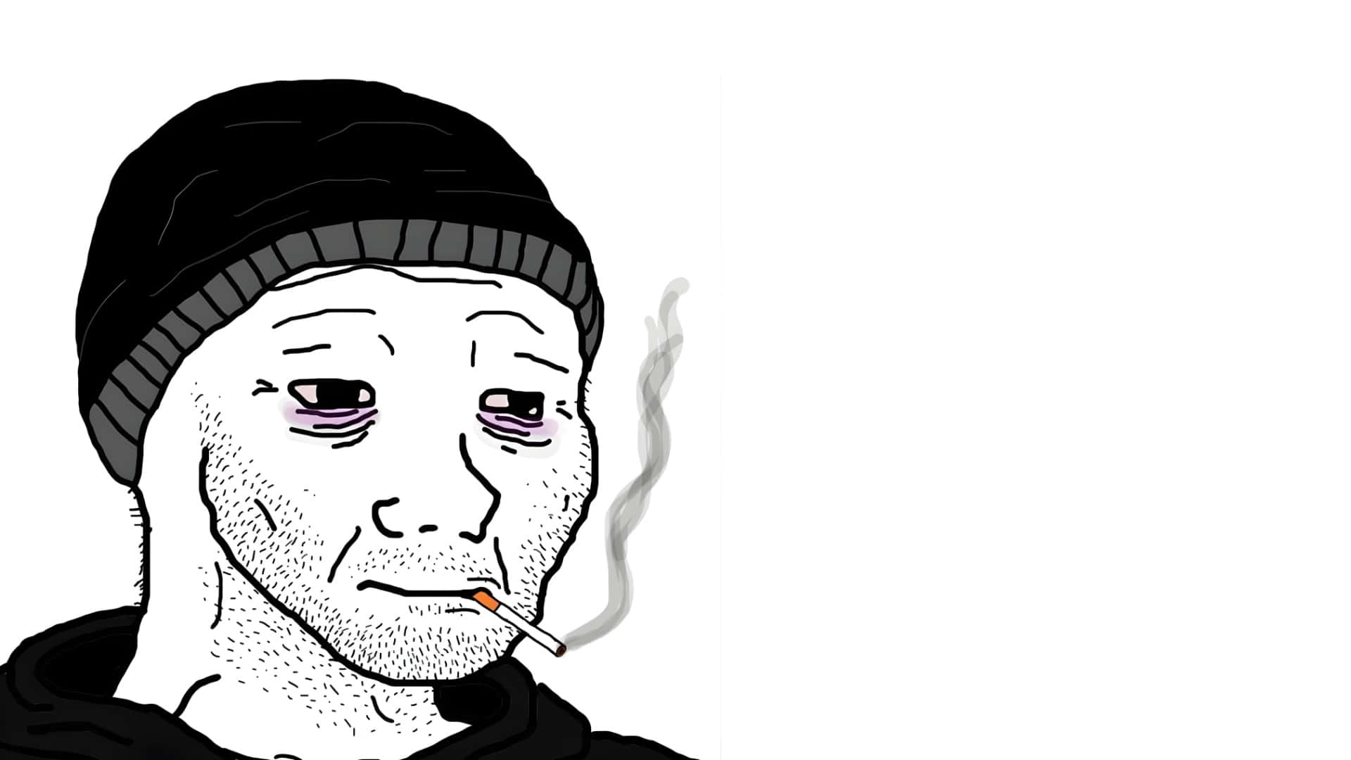  壁紙 — 一個戴著冷帽嘅疲憊男人，喺純白背景前用疲倦嘅眼神食緊煙。
