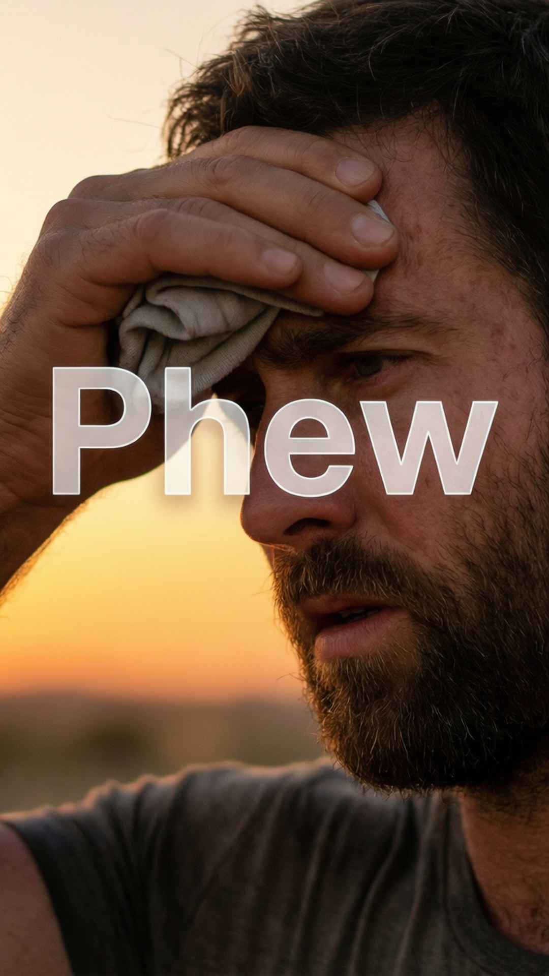 Relieved Phew Portrait 壁紙 — 一個疲倦的男人在溫暖的日落天空下擦拭額頭的汗水，並疊加了「Phew」這個詞。