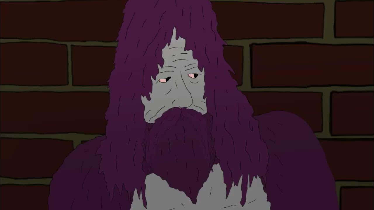 Sassy The Sasquatch 桌布 壁紙 — 一個疲憊的動畫角色，紫色頭髮和長鬍子，在昏暗燈光下靠著磚牆坐著。