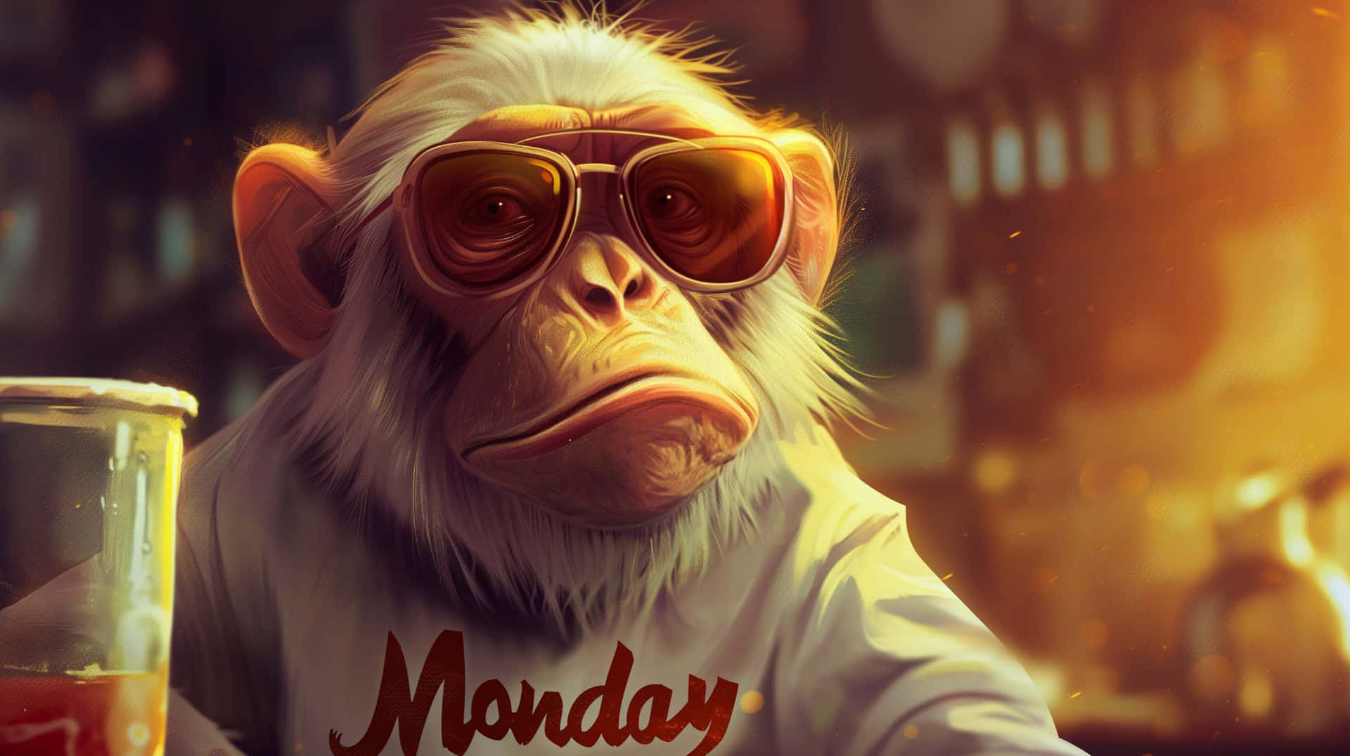  壁紙 — 一隻疲憊的白毛猴子戴着太陽眼鏡，穿着「Monday」T恤，在燈光溫暖的酒吧裏啜飲飲品。