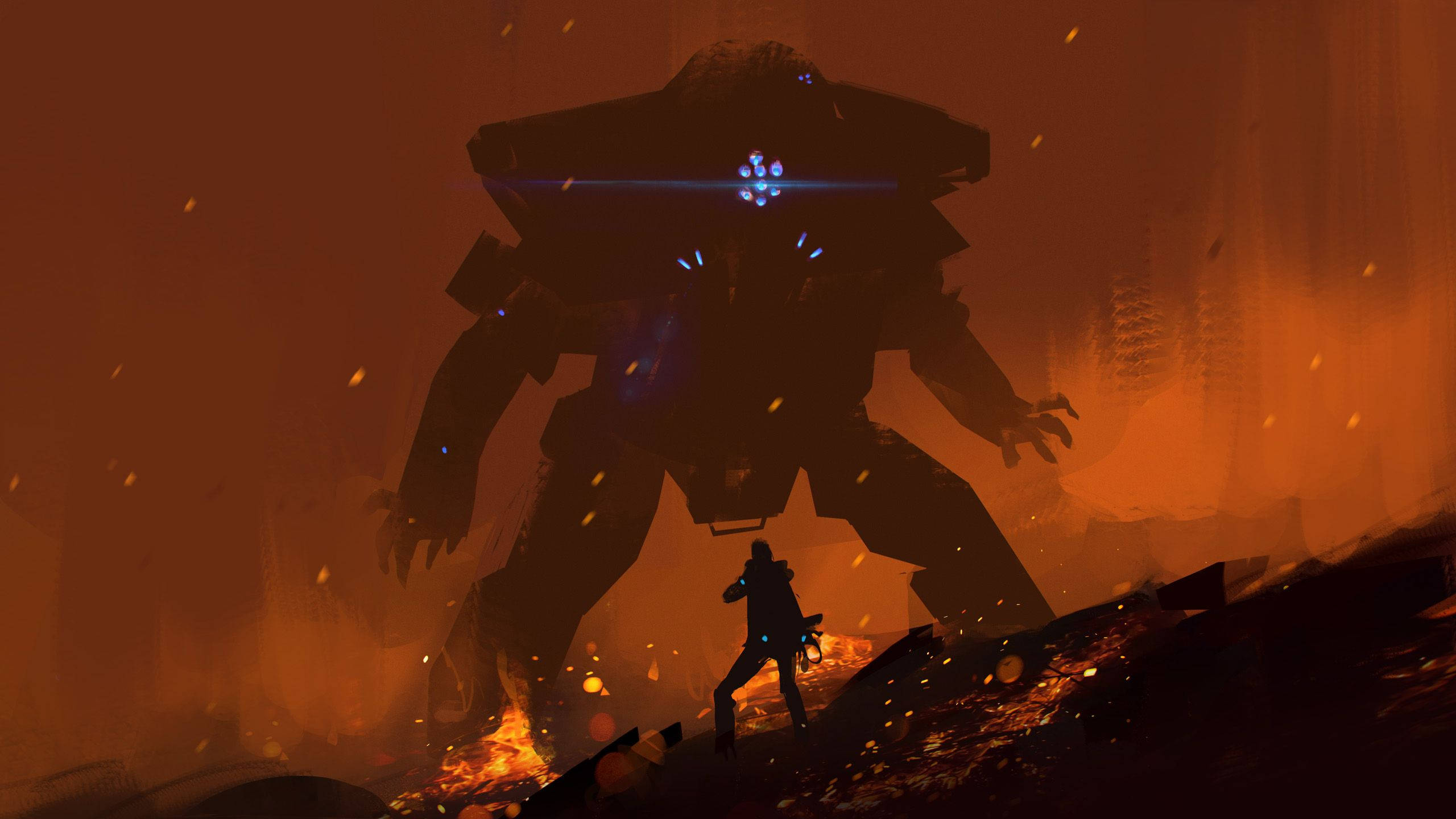 以《Titanfall 2》挑戰無限力量 壁紙 — 一個孤獨的戰士挑釁地站在一個巨大的發光機甲前，背景是燃燒的廢墟城市。