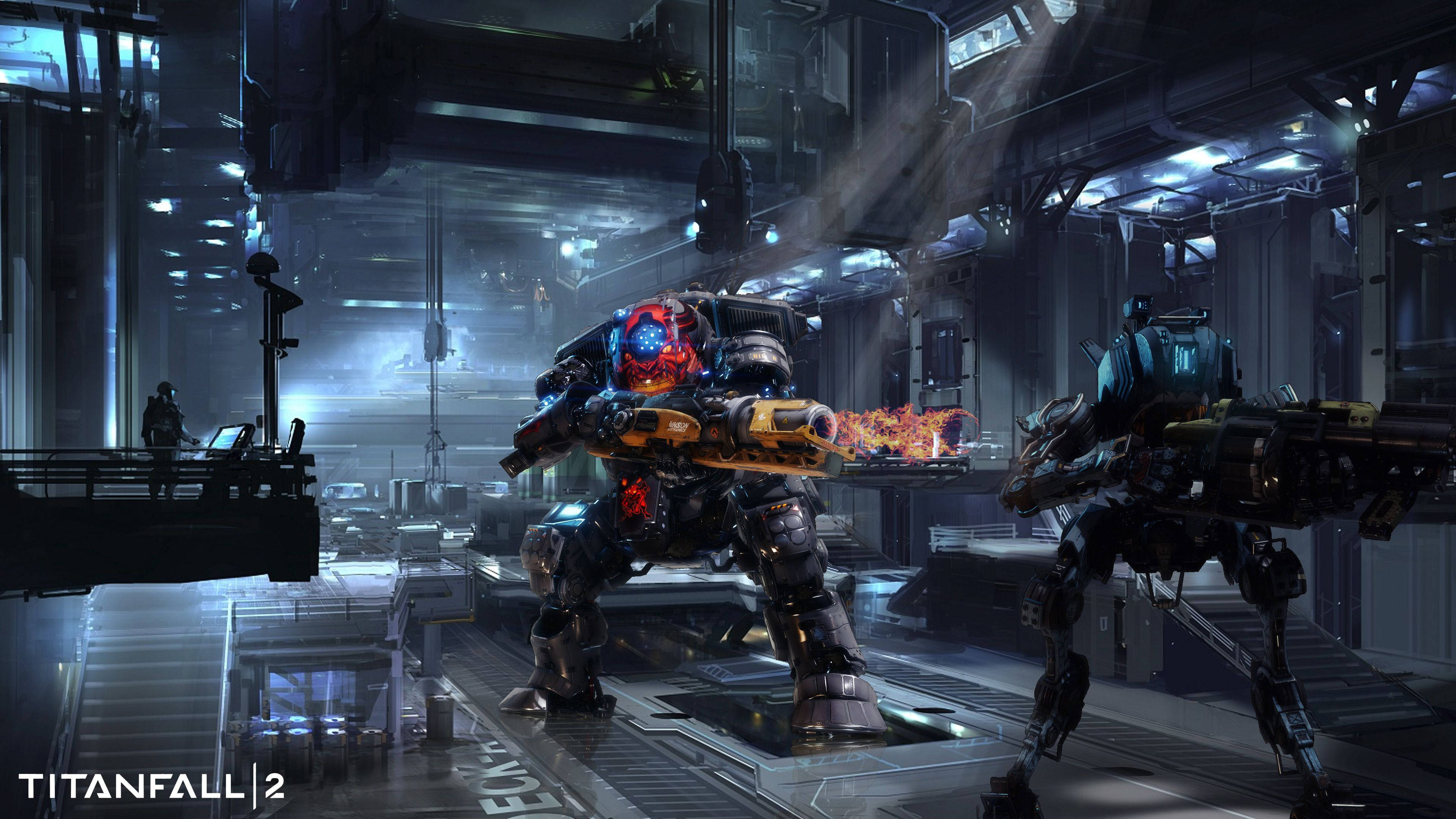《Titanfall 2》全新高科技泰坦訓練設施 壁紙 — 兩個巨大的裝甲泰坦在一個光線昏暗的未來工業機庫中戰鬥，武器發光，蒸汽升騰。