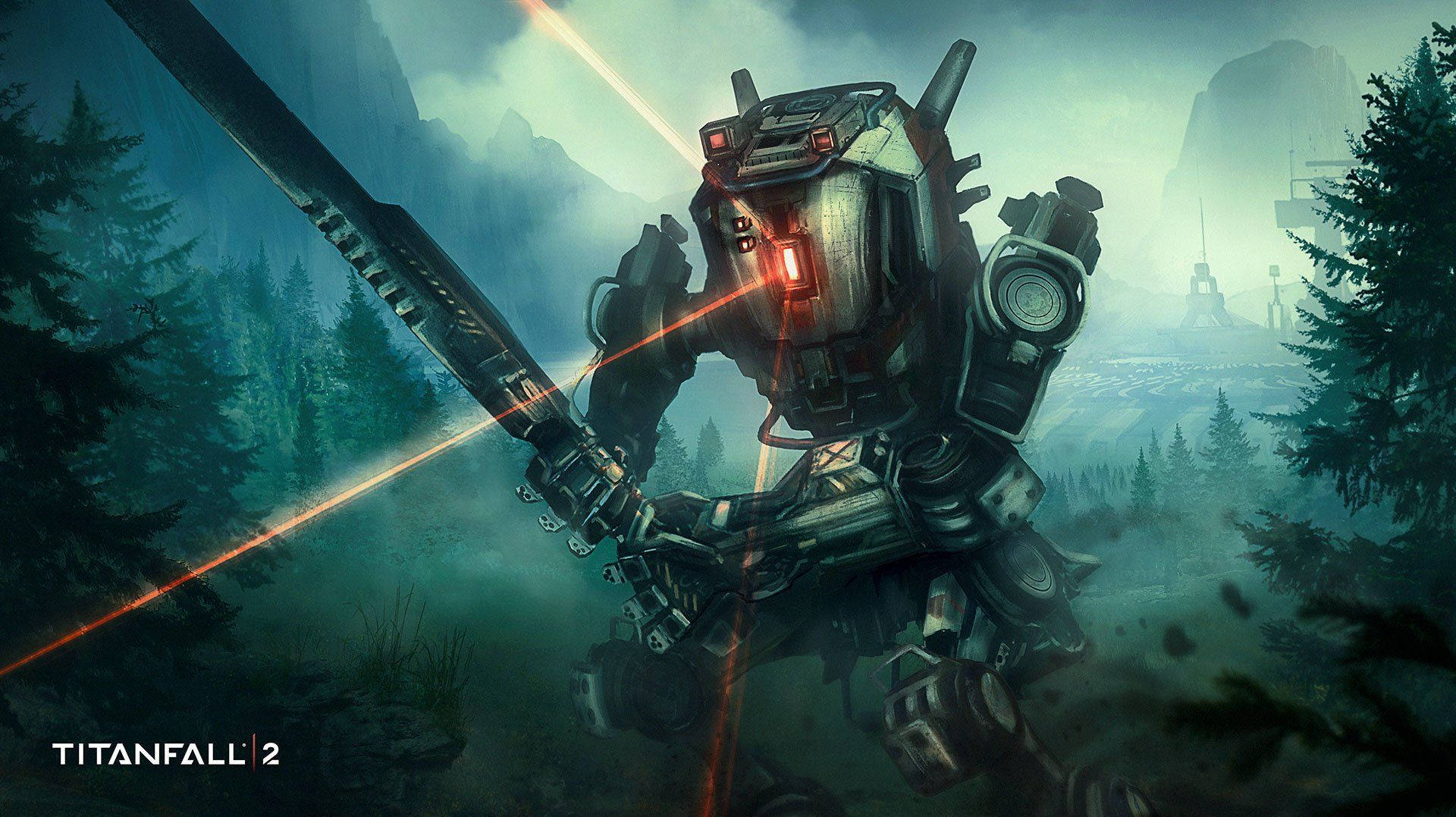 在《Titanfall 2》前線戰鬥 壁紙 — 一個高聳的機甲戰士在陰沉天空下的霧氣松林中揮舞著發光的激光劍。