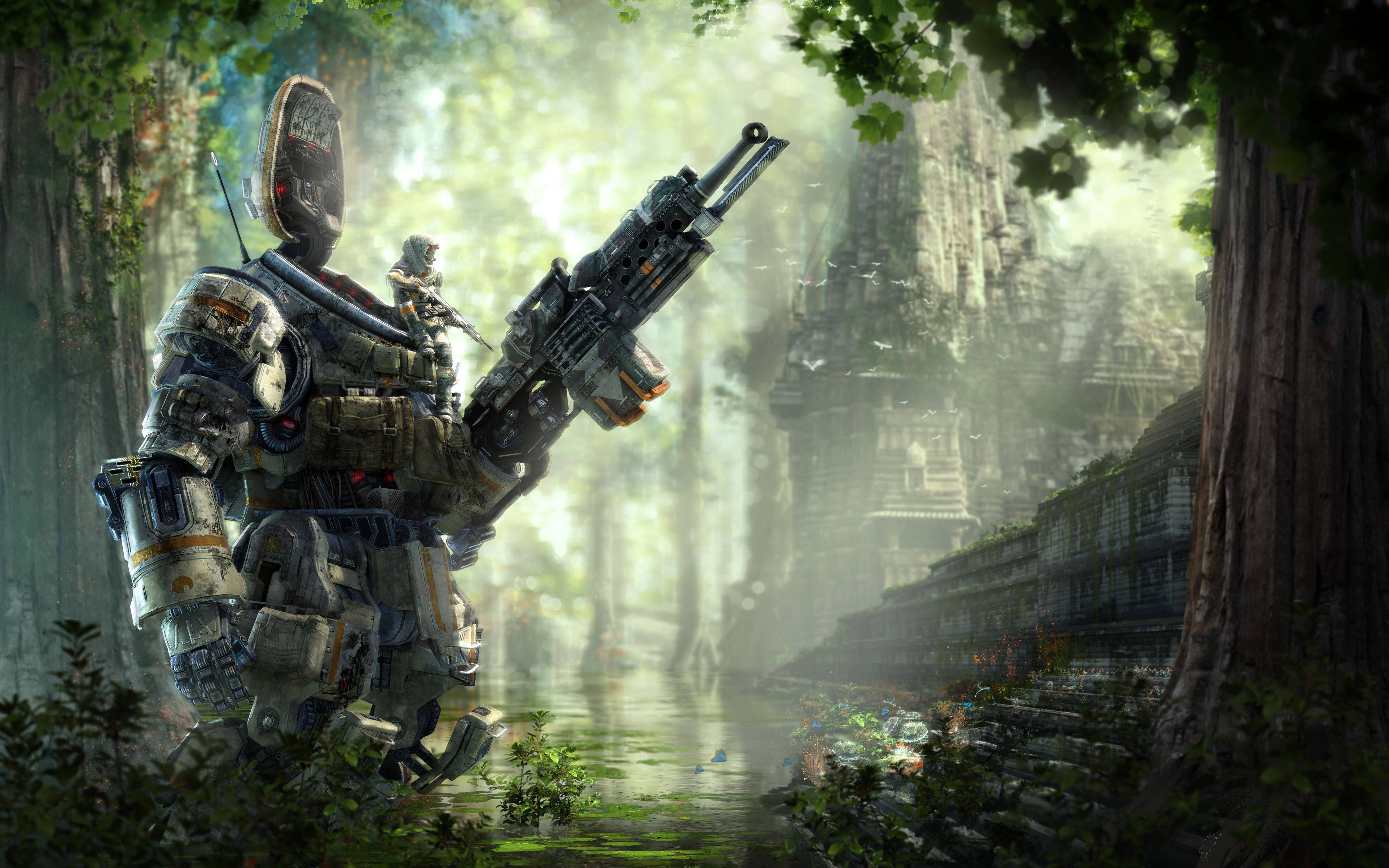 Titanfall 2 探險 壁紙 — 一名重裝士兵手持大型武器，站在霧氣瀰漫的叢林中，旁邊是長滿植物的古代遺跡。