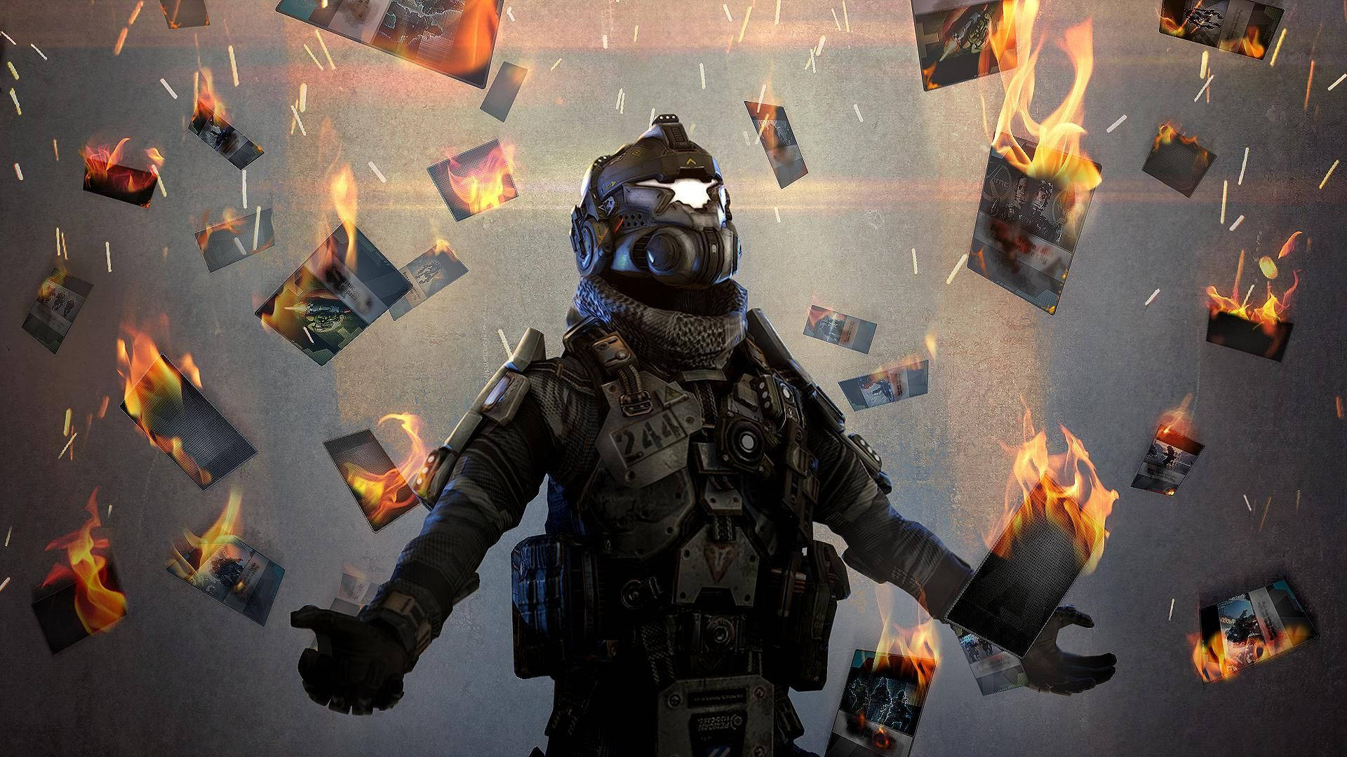 Titanfall 燃燒場景 壁紙 — 一名身穿全套戰術裝備的士兵站在粗糙混凝土背景前，周圍漂浮著燃燒的照片。