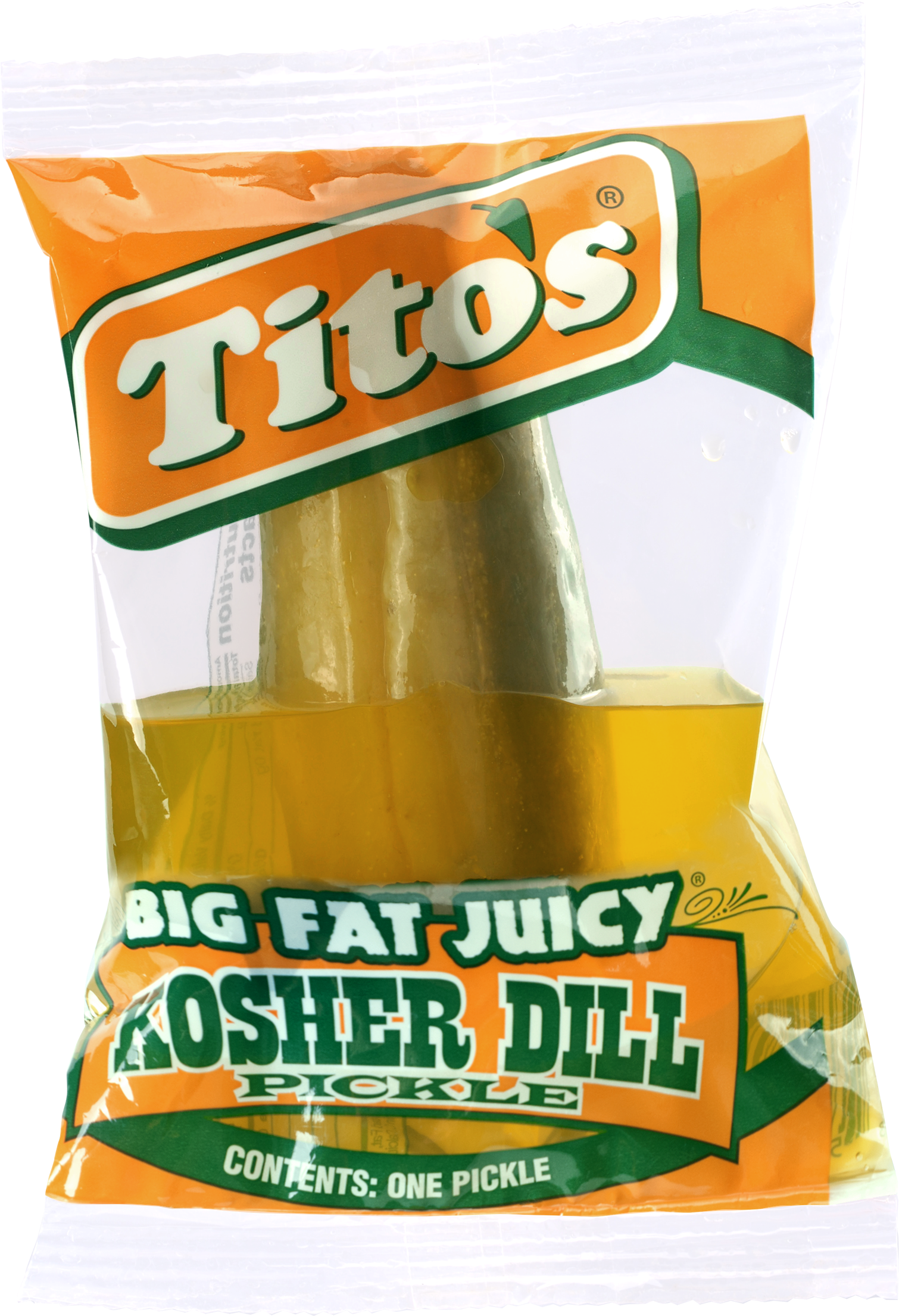Tito's 美式猶太酸菜包裝 壁紙 — 一個Tito's Big Fat Juicy Kosher Dill酸黃瓜，採用橙色和綠色品牌包裝，背景為黑色。