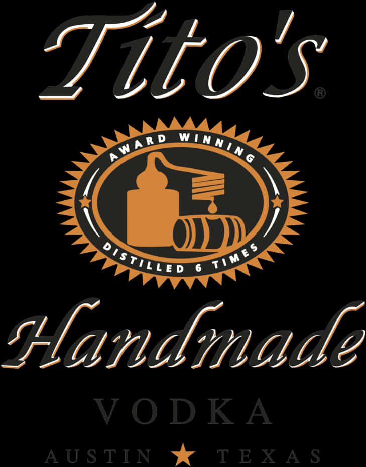 Tito's 手工伏特加標誌 壁紙 — 黑色背景上展示Tito's Handmade Vodka標誌，採用金色和白色文字，以及一個帶有蒸餾器和木桶圖案的太陽光輝徽章。