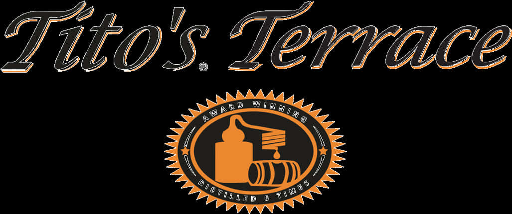 Tito's Terrace標誌 壁紙 — Tito's Terrace 大膽的黑橙標誌，帶有酒廠標誌，包含酒瓶、酒桶和滴落的液體。