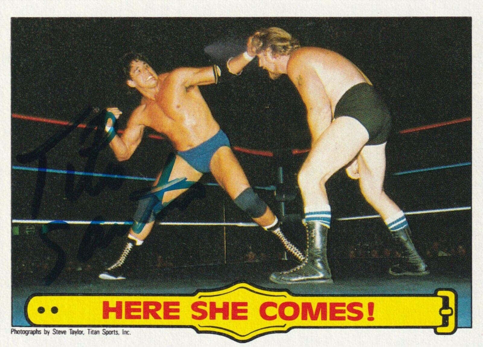 Tito Santana 1985 Topps WWF新秀卡簽名版 壁紙 — 兩名肌肉發達的摔角手在擂台上激烈交鋒，一名穿藍色短褲的選手踢向另一名穿黑色短褲的選手。