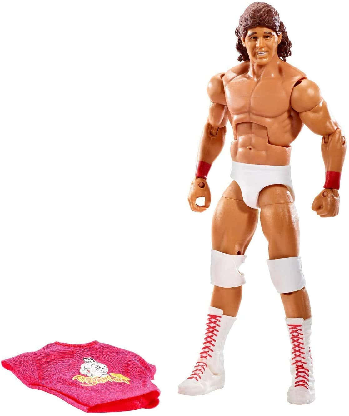 Tito Santana WWE精英名人堂2004 壁紙 — 一個肌肉發達嘅摔角動作人偶，有棕色頭髮、白色短褲同紅色護腕，企喺一件有標誌嘅粉紅色衫旁邊。
