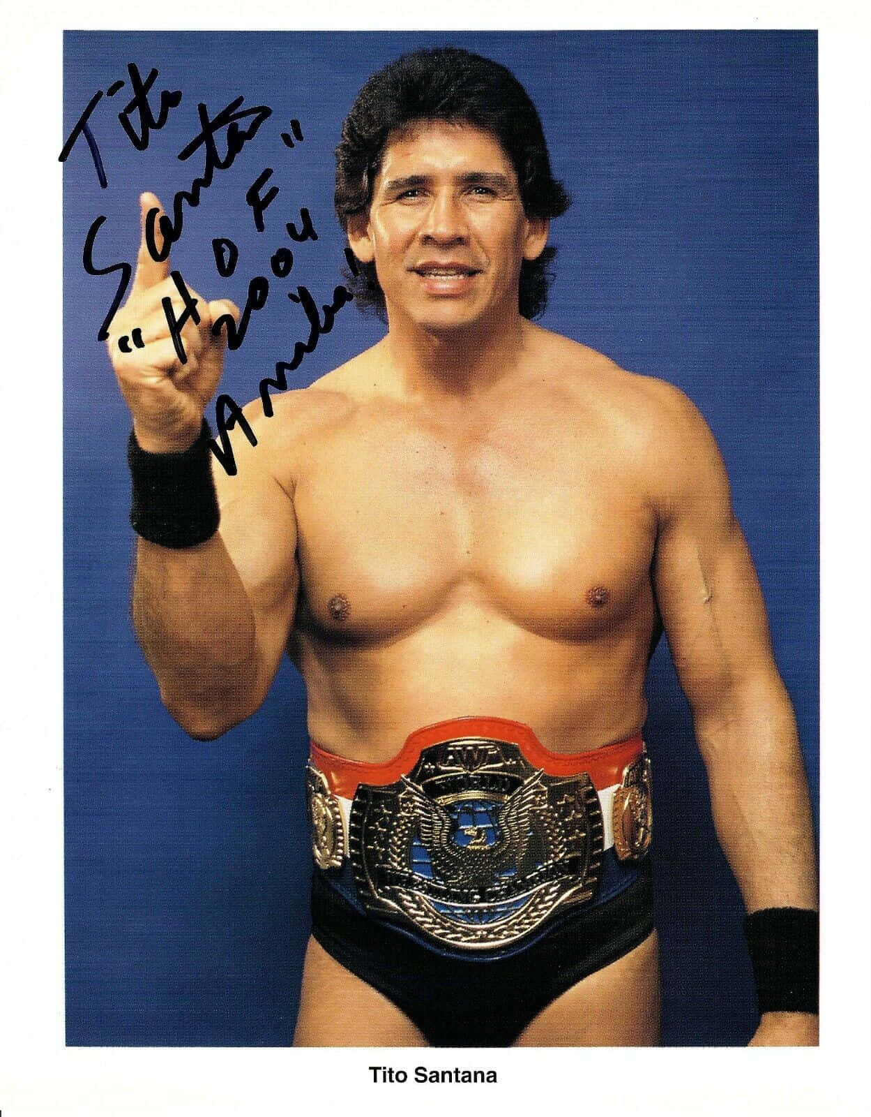 Tito Santana 簽名親筆簽名 AWF 壁紙 — 摔角手 Tito Santana 自信地穿著冠軍裝備，在純藍色背景前擺姿勢，簽名清晰可見。