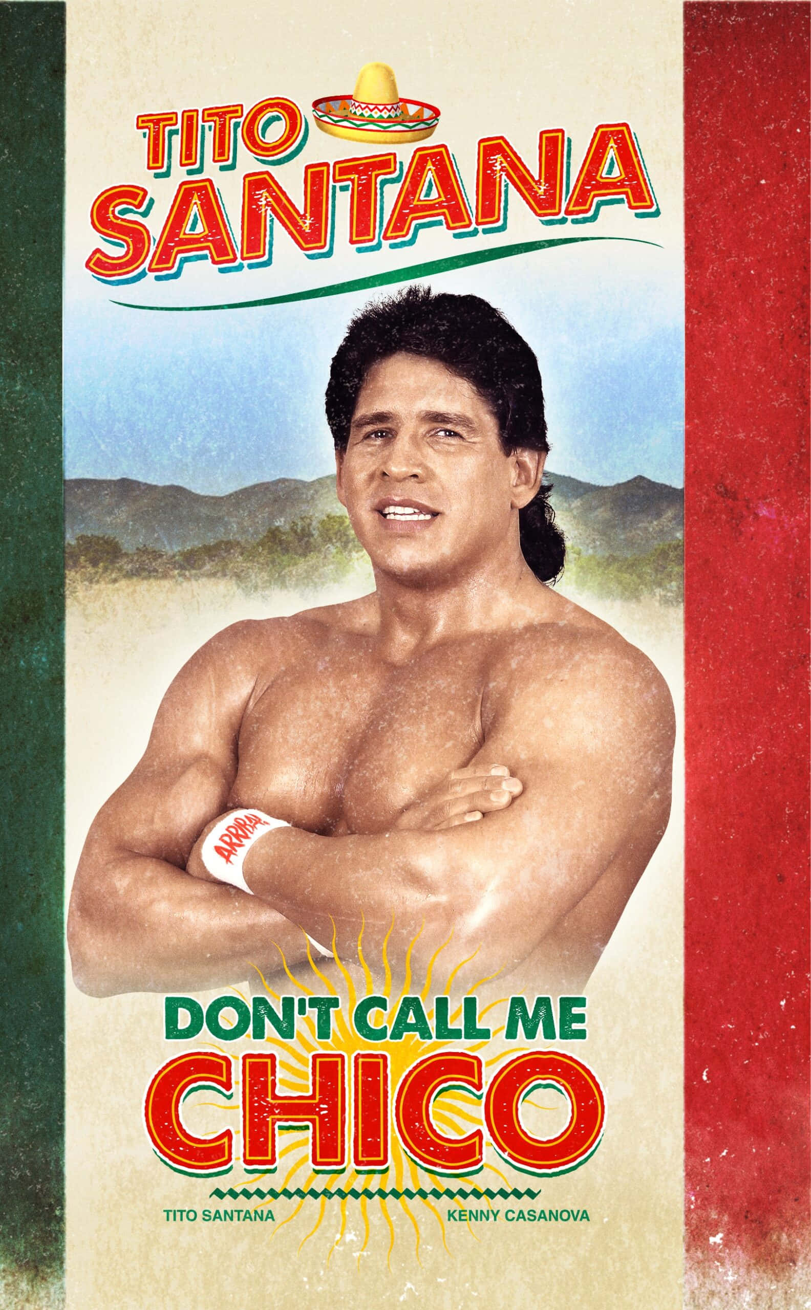Tito Santana 自傳《別叫我奇科》 壁紙 — 肌肉發達的摔角手 Tito Santana 自信地交叉雙臂，站在藍天下以山為背景。