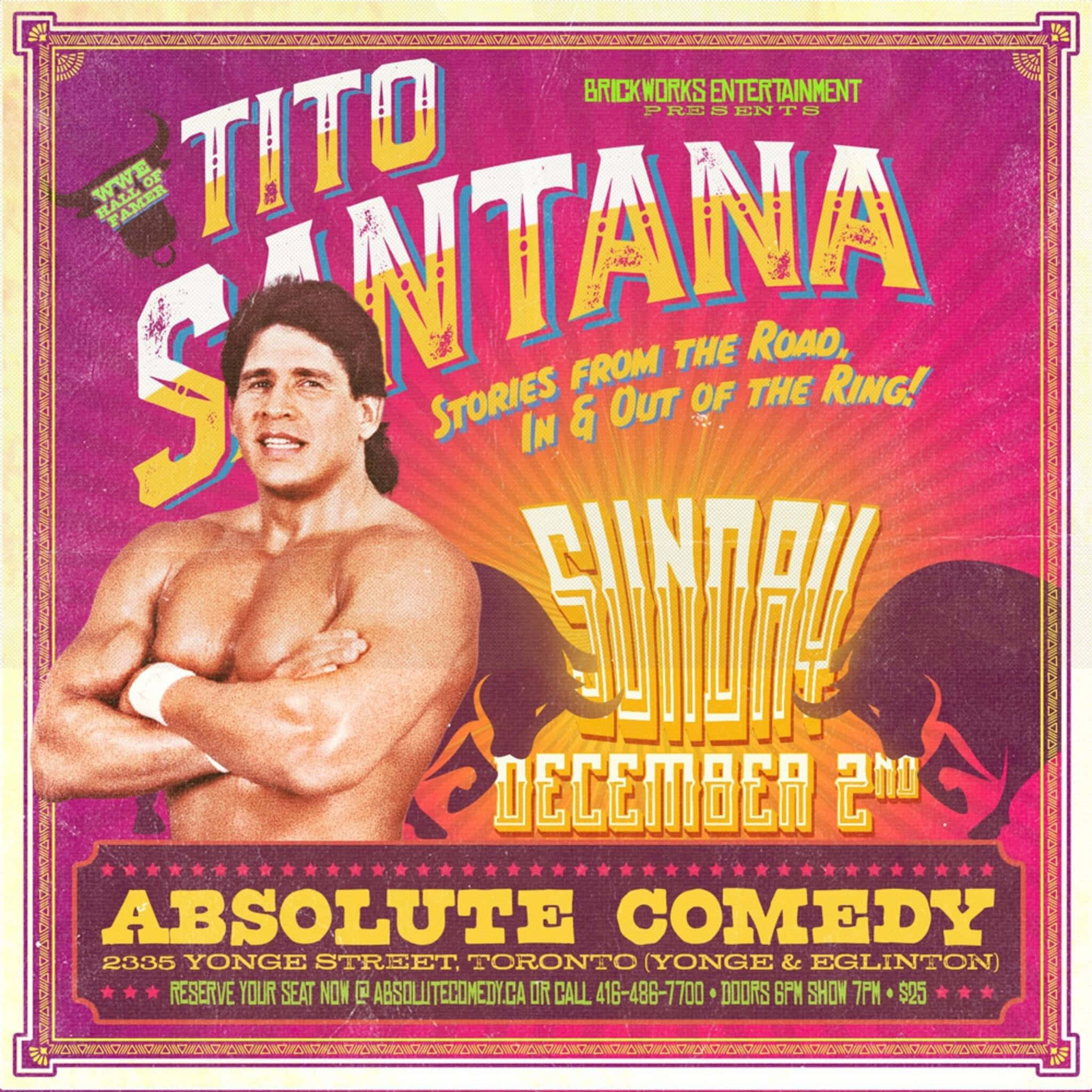 Tito Santana節目海報 壁紙 — 一張復古風格的摔角喜劇海報， featuring Tito Santana 交叉雙臂，背景是火焰漸變色。