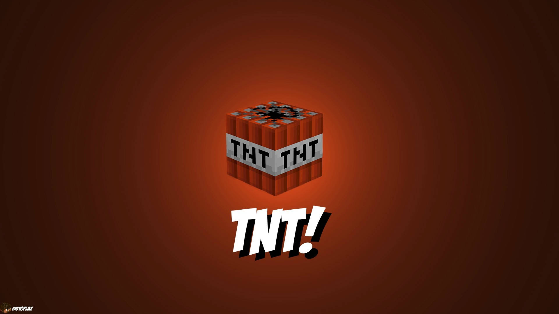 紅色TNT Minecraft HD 壁紙 — 一個像素化的Minecraft TNT方塊在漸變紅色背景上發光，下方有粗體白色TNT文字。